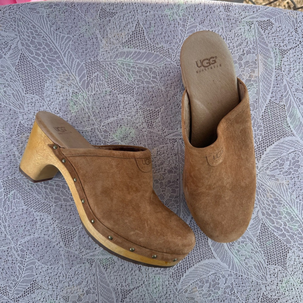 UGG Brown Suede Mules with Wooden Sole